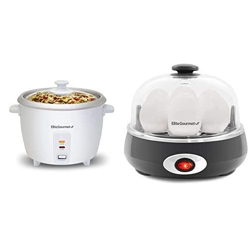 Elite Gourmet Erc-003 Electric Rice Cooker, 6 Cups Cooked (3 Cups Uncooked), White & Egc007Chc# Rapid Egg Cooker, 7 Easy-To-Peel, Hard, Medium, Alarm, 16-Recipe Booklet, Charcoal Grey #TOP16