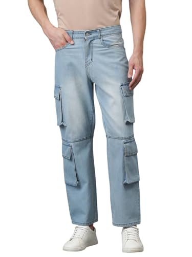 Image of KOTTY Men's Loose Fit Cargo Denim Jeans - Vintage Washed Utility Jeans with Side Pockets