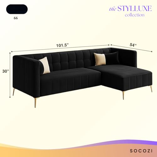 Image of SOCOZI Stylluxe 6 Seater Velvet Fabric RHS L Shape Sofa Set for Living Room |Fabric L Shape Sofa Set for Home & Office (Black)