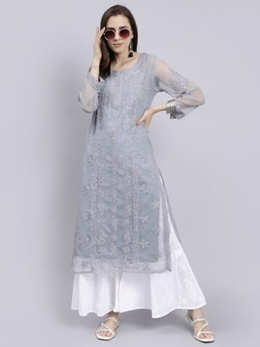 Image of Seva Chikan Hand Embroidered Lucknowi Chikankari Georgette Kurta with Inner Slip for Women SCL4431
