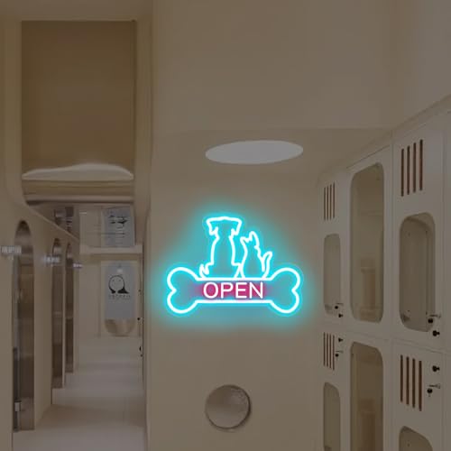 Image of Pet Shop Open Neon Sign Cute Dog And Cat Open LED Light | Bright Pet Grooming Salon Light Animal Shelter Storefront Decor Vet Clinic Window Decor, Ice Blue+Light Pink, 16.5 inchx12.4 inch