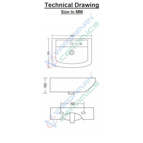 Image of Wash Basin Wall Hung Mounted Glossy Finish White Sink for Bathroom, White 18 x 13 x 6 Inch