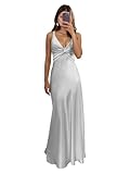 Suayneo Satin Bridesmaid Dresses for Women with Slit V Neck Long Formal Party Gown Ruched Maxi Wedding Guest Dress Silver Size 28W