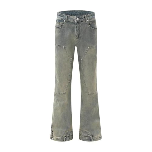 Men’s Double Knee Denim Flare Pants, Retro High Street, Loose Washed Distressed Carpenter Jeans2