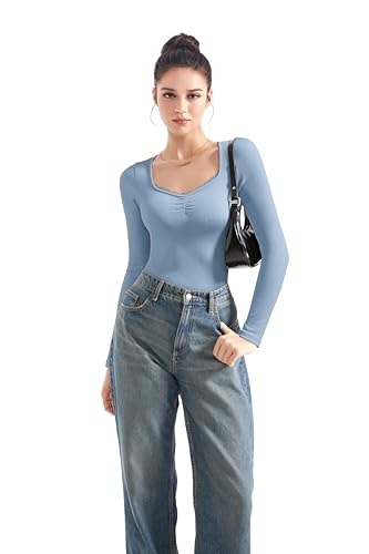 Image of SUUKSESS Women Sweetheart V Neck Long Sleeve Tops Lace Trim Ribbed Modal Fall Going Out Shirts