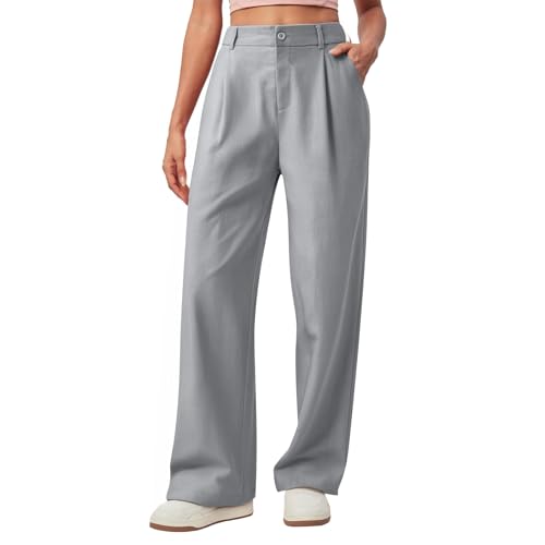 Women Linen Pants Summer Wide Leg Dress Pants High Waisted Button Down Work Pant Boho Palazzo Pant with Pockets2