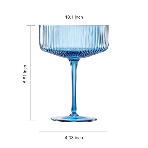 Ribbed Vintage Art Deco Coupe Glasses | 10 OZ Glass, 6-Set | Martini, Champagne & Cocktail Ribbed, Winter Bright Colored Crystal Glassware - Goblet Stemmed Ripple Glassware, Housewarming (Pastel) by Khen - Image 7