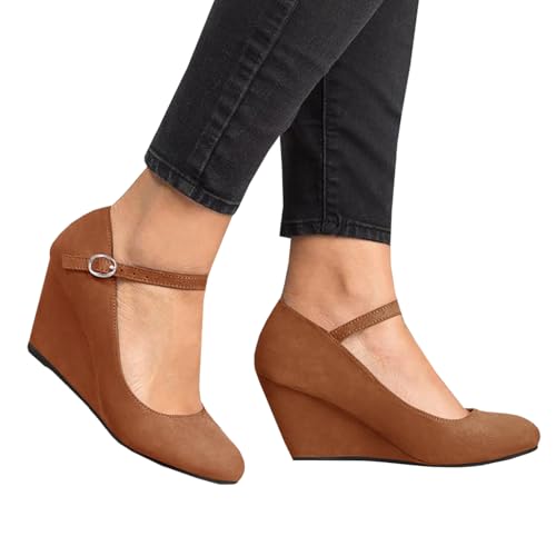 Image of Coutgo Womens Wedge Pumps Dressy Mary Jane Shoes Comfort Wedges Closed Toe Ankle Strap Heeled Shoes