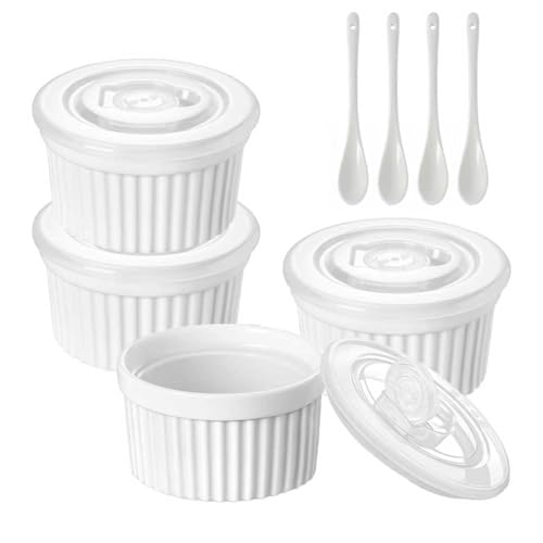Lot de 4 ramequins en porcelaine de 236,8 g avec couvercle, plats à soufflé en porcelaine pour crème brûlée, tasses de cuisson pour pudding, fruits,...