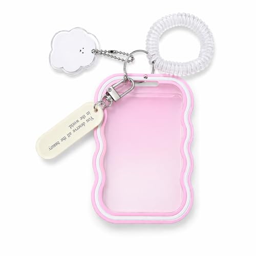 Image of Street27 Cloud Shape Photo Card Holder with Keychain Pendant | Transparent ID Badge Case with Wrist Strap | Silicone Protective Card Cover for Office, School & Travel (Pink)