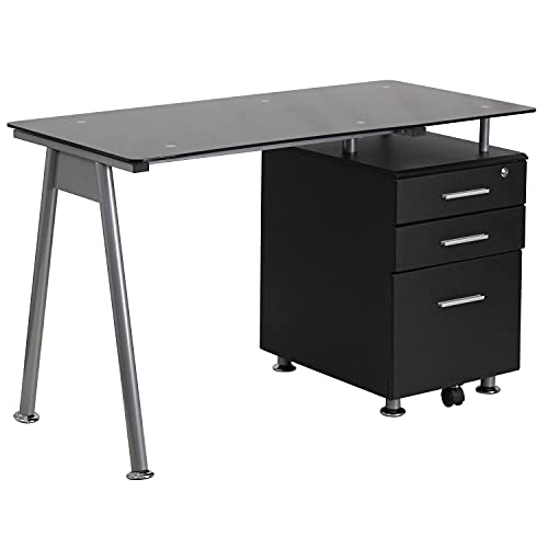 Flash Furniture Black Glass Computer Desk With Three Drawer Pedestal #TOP13