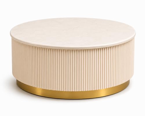 Image of Premium Luxury Marble-Top Wooden Center Table with Louvers & Acrylic Wooden Base | Premium Coffee Table for Living Room & Office (Cream)