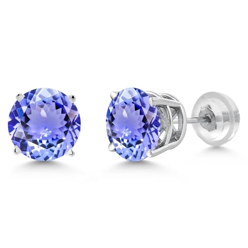 Gem Stone King 14K White Gold Natural Genuine Blue Tanzanite Stud Earrings For Women Men (1.80 Cttw, Gemstone Birthstone, Round 6MM)3