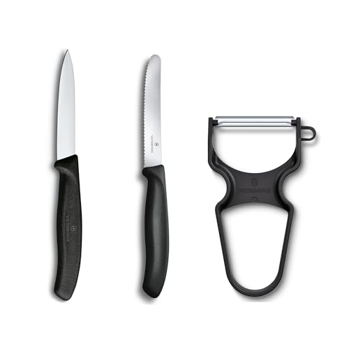Victorinox Swiss Classic Gemüsemesser-Set, 3-teilig, Inkl. Tomatenmesser Wellenschliff, Gemüsemesser und Sparschäler, Spülmaschinengeeignet, schwarz