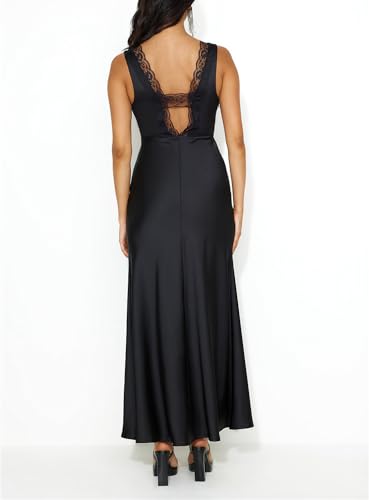 Image of BAGONE Summer Satin Lace V Neck Backless Wedding Guest Maxi Dresses for Women Elegant Sleeveless Open Back Cocktail Dress
