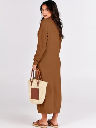 Image of ANRABESS Women Long Sleeve Button V Neck Oversized Casual Loose Fit Waffle Knit Fall Midi Sweater Dress 2026 Trendy Outfits