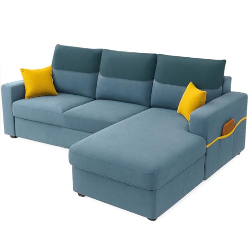 Image of Furny Tokiaa 4 Seater Fabric RHS L Shape Sofa Set (Sky Blue) | Soft Velvet Fabric | Modern Design | Comfortable Seating | Living Room Furniture