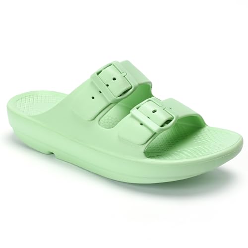 Kricely Women and Men Recovery Sandals Plantar Fasciitis Arch Support Orthotic Slides Adjustable Double Buckle Thick Sole Slippers（Green Women 7-7.5 Men 5-6）