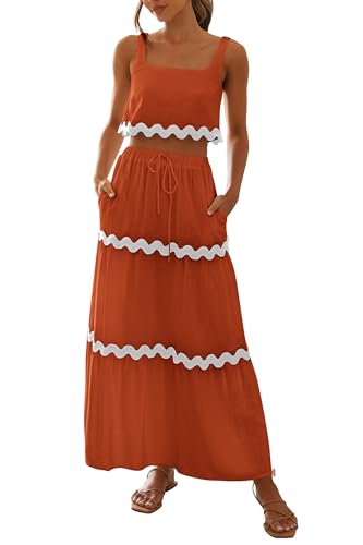 PRETTYGARDEN Women's Summer 2 Piece Beach Outfit Casual Sleeveless Cropped Tank Top High Waisted Maxi Skirt Set (Brick Red,Large)