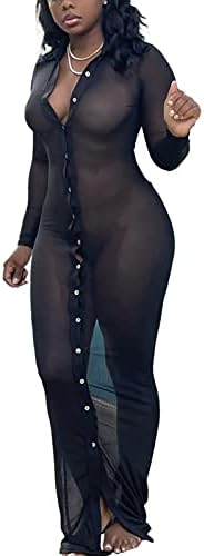 Women Sexy Button Down Beach Bikini Swimsuit Cover Up Dress Long Sleeve Sheer Mesh Bodycon Maxi Long Dress Black XL
