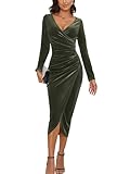 CYiNu Women's V Neck Wrap Velvet Long Sleeve Elegant Bodycon Ruched Cocktail Party Maxi Dress(Dark Army Green,S)