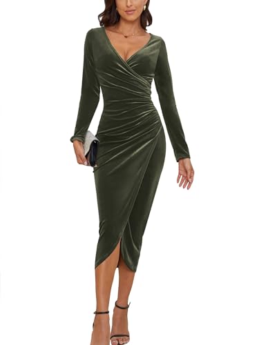 CYiNu Women's V Neck Wrap Velvet Long Sleeve Elegant Bodycon Ruched Cocktail Party Maxi Dress