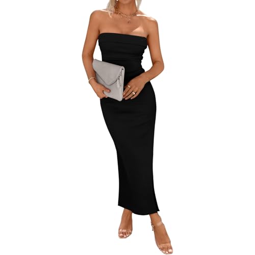 Image of Women's Summer Bodycon Maxi Tube Dress Ribbed Off Shoulder Strapless Side Slit Long Club Party Casual Dresses