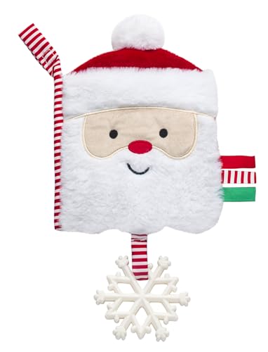Soft Plush 5 inches Crinkle Activity Book with Teether Satin Ribbons and Travel Strap Santa Embroidery Christmas Red