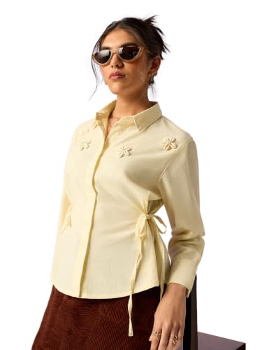 Image of The Souled Store Seashell Women Full Length Spread Collar Off White Embroidered Cotton Linen Blend Regular Fit Breathable Side Tie-Up Lightweight Everyday Shirt for Casual Wear