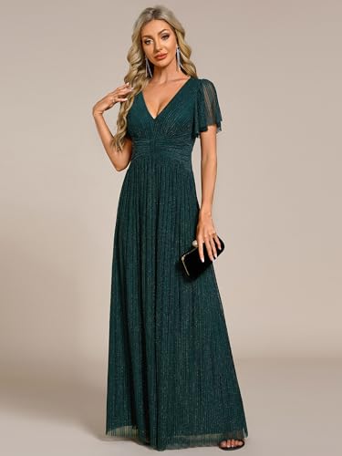 Image of Ever-Pretty Women's V-Neck Glitter Formal Dresses Pleated Short Sleeves Floor Length A-Line Mother of Bride Dress 11961