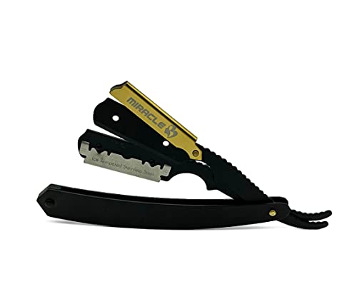 MIRACLE Gold Straight Razor, Straight Edge Razor Non-Slip Sustainable Metal Handle, Black Cutthroat Barber Razor Holder, Disposable Straight Razor Blades Kit