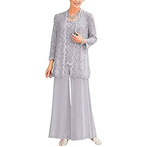3 PC Lace Mother of The Bride Pants Suit with Long Jacket Women Outfits Guest Dress Pants Set Silver UK20 Cover