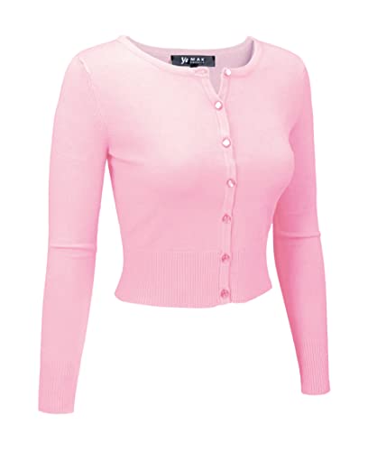 YEMAK Women's Cropped Cardigan Sweater – Long Sleeve Crewneck Basic Classic Casual Button Down Knit Soft Lightweight Top MK5502-Light Pink-M