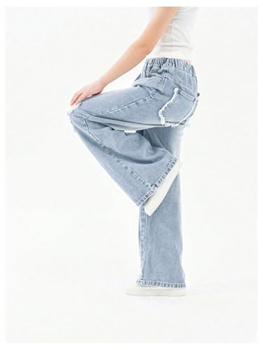 WDIRARA Girl's Elastic Waist Ripped Jeans Distressed Wide Leg Denim Pants4