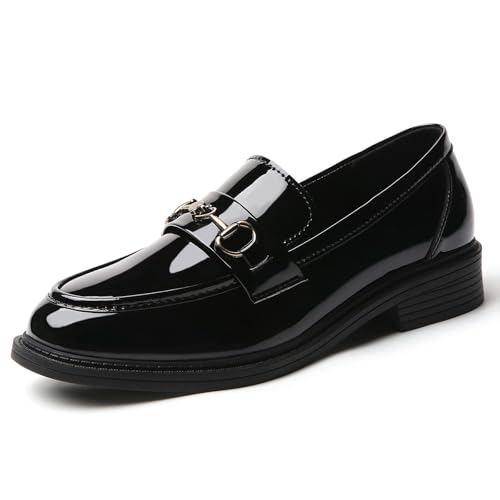 QJN Penny Loafers for Women Comfortable Black Patent Leather Business Professional Shoes Womens Penny Loafers & Slip-Ons Ladies Round Toe Low Heel Flats Office Work Casual Dressy Shoes Size 9