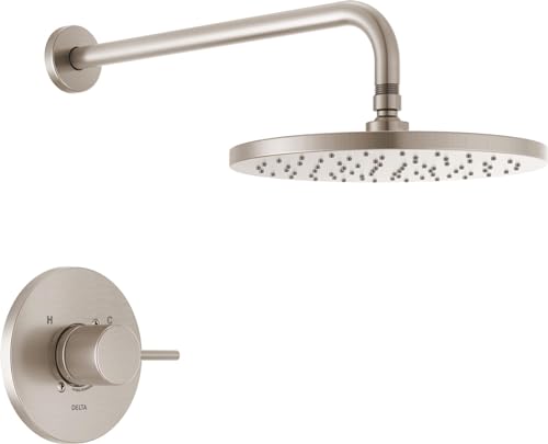 Image of Delta Modern 14 Series Round Rain Shower Faucet Set, Brushed Nickel Shower Head and Handle Set, Valve Trim Kit, Spotshield Stainless T14269-SP-PP (Valve Not Included)