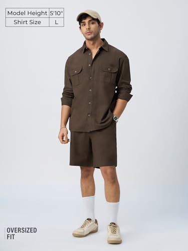Image of The Souled Store Cotton Linen Utility: Mocha Men and Boys Long Sleeve Collared Neck Button Front Solid Cotton Linen Blend Oversized Shirts