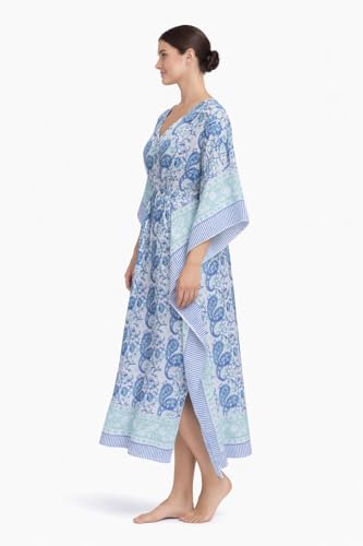 Image of Hand Block Printed Pure Cotton Kaftan for Women, Free Size Relaxed Fit Maxi, Lounge, Nightwear, Beach Cover-Up, Handmade Ethnic Boho Kaftan Dress V-Neck