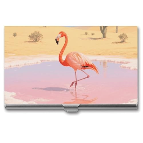 Slim Business Card Case for Men & Women, Pocket Metal Case, Orange Flamingo in Salt Lake Professional Aluminum Alloy Business Card Holders, Stylish Purse Name Cards Holder, Buckle Style Shut