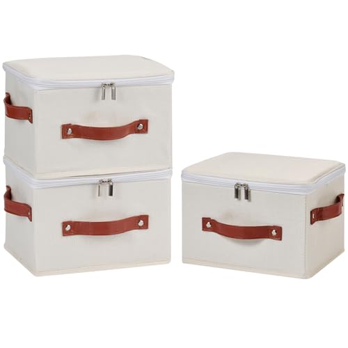 Image of 3PCS Storage Bins Boxes with Zippered Lids Cotton Linen Fabric Decorative Basket PU Leather Handles PP Plastic Board Foldable Lidded Clothing Shelf Closet Organizer Container (Beige, Small)