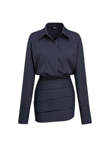 CIDER Shirt Dresses for Women Striped Collar Long Sleeve Button Down Cinched Waist Mini Dress Elegant Casual