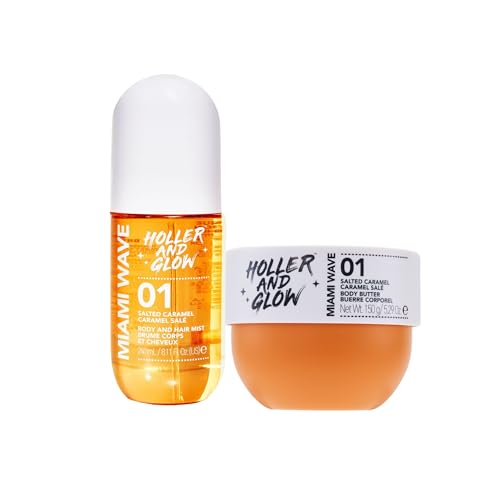 Bundle of Holler And Glow Miami Wave Salted Caramel Body & Hair Mist + Body Butter, Body Spray, Hair Perfume, Sweet Coconut, Vanilla Scented, Moisturizing, Nourishing, Shea Butter, 2 Piece Set