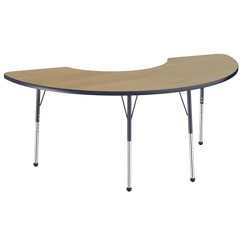 Image of FDP Half Moon (36 x 72) Classroom Teacher Table with Adjustable Standard Ball Glide Legs (19-30 in) School and Office Furniture - Pasadena Oak Top /Navy Edge and Legs