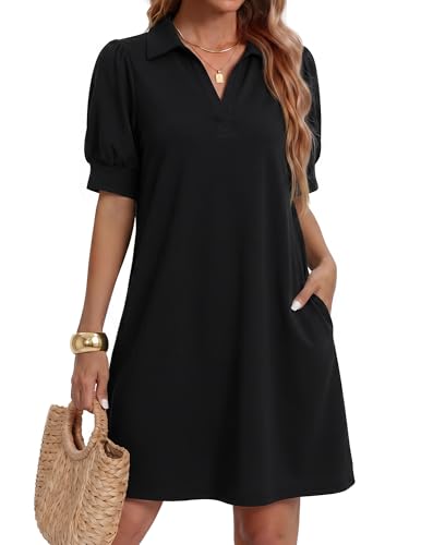 Image of ZESICA Womens Summer Striped T Shirt Mini Dresses 2026 Casual Lapel V Neck Short Sleeve Flowy A Line Beach Vacation Dress