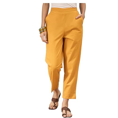 Image of D K W Women's Mid Rise Relaxed Fit Cotton Flex Trousers with Elastic Back & Drawstring - Ideal for Winter, Formal, Office & Casual Wear, Comfortable for Girls and Women