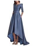 Caodip Steel Blue High Low Evening Dresses for Women Plus Size Half Sleeves Satin Elegant Formal Prom Party Dress Long A Line Wedding Guest Dress with Pocket US16W