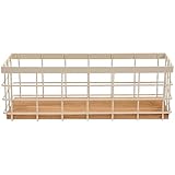 NAMOARLY Flacher Aufbewahrungskorb aus Eisen Metallkorb mit Holzplatte Organizer für Kosmetik und Schreibtischutensilien Weißer Korb für Büro und Bad
