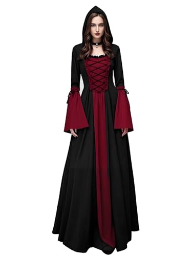 Womens Gothic Witch Dress, Halloween Lace Up Hooded Costume Medieval Vampire Sorceress Cosplay Dresses (Black-Red, Small)