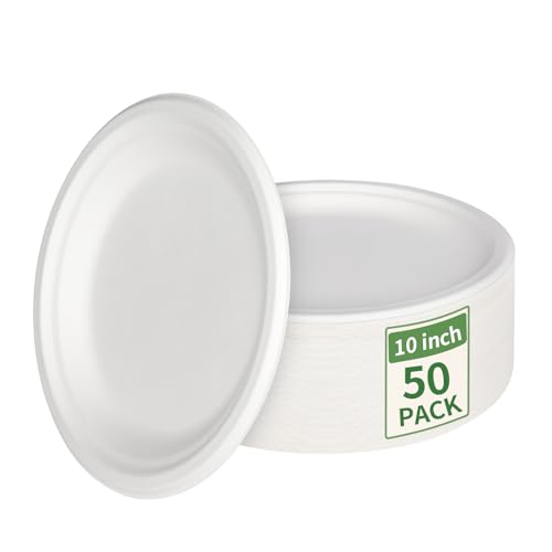 Aricsen 50 Pack Compostable Disposable Round Paper Plates