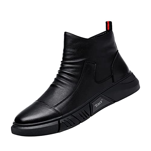 Image of Keilinia Men's Black Italian High-top Casual Leather Boots,2022 Fall New Round Toe Waterproof Non-slip Shock-absorbing Booties